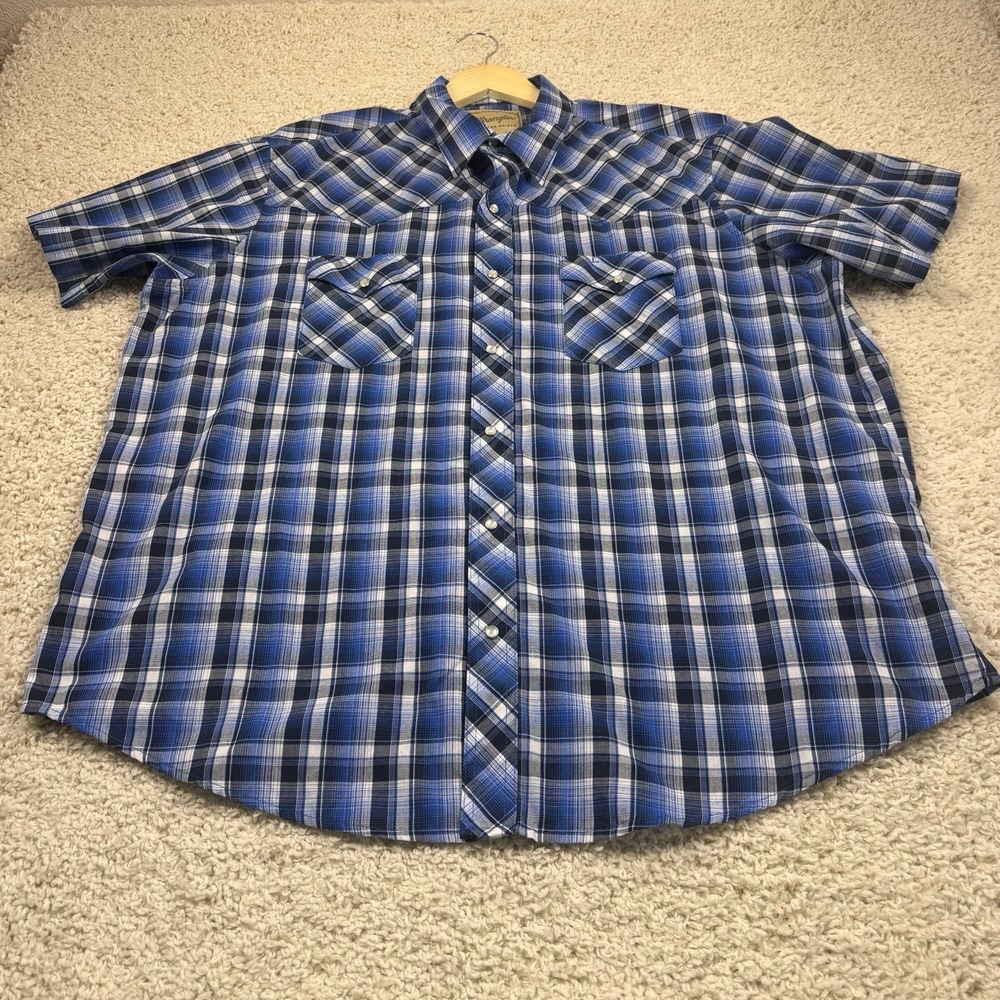 Wrangler Men's Western Shirt XXL Blue Plaid Pearl Snap Short Sleeve Cowboy